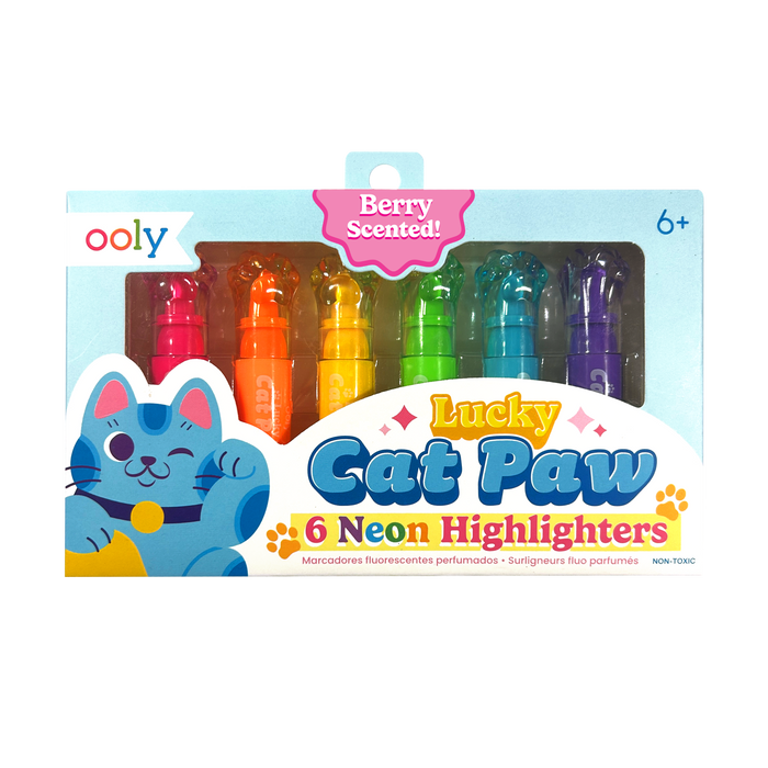 Front packaging of OOLY Lucky Cat Paw Scented Neon Highlighters on a white background