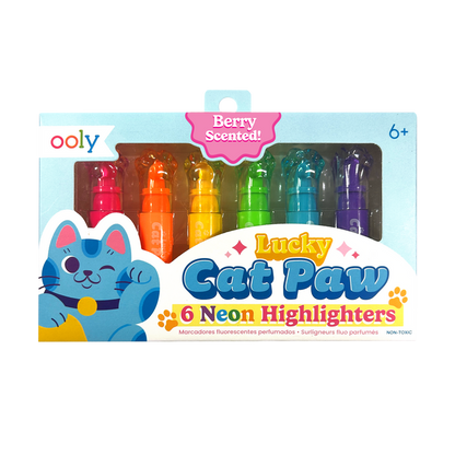Front packaging of OOLY Lucky Cat Paw Scented Neon Highlighters on a white background