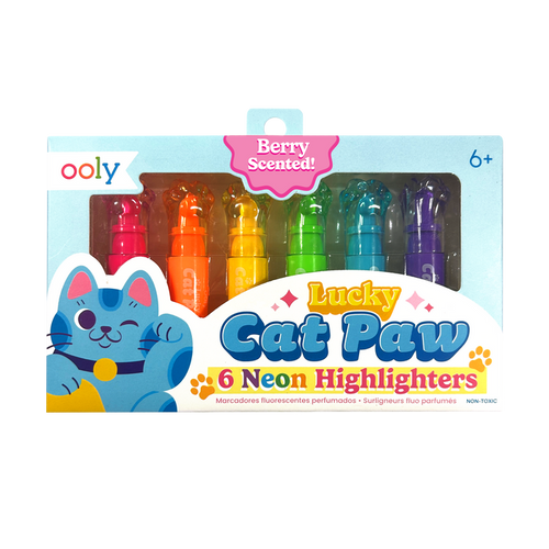 Front packaging of OOLY Lucky Cat Paw Scented Neon Highlighters on a white background