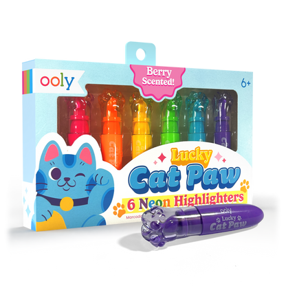 Quarter angle of packaging of OOLY Lucky Cat Paw Scented Neon Highlighters on a white background