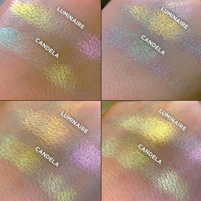 Arm swatches on fair skin tone of Luminaire Iridescent Multichrome Eyeshadow angle shifts pink-orange-gold compared to Candela