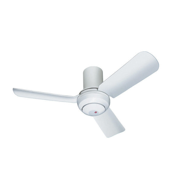 A white ceiling fan with three blades and a central motor unit.