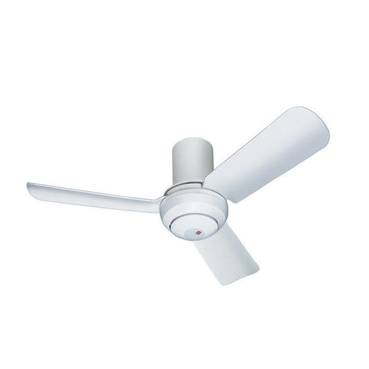 A white ceiling fan with three blades and a central motor unit.