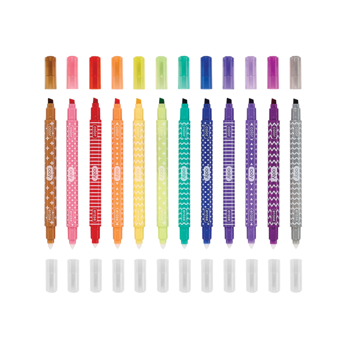 Row of markers uncapped from colored and eraser end from a set of OOLY Make No Mistake! Erasable Markers
