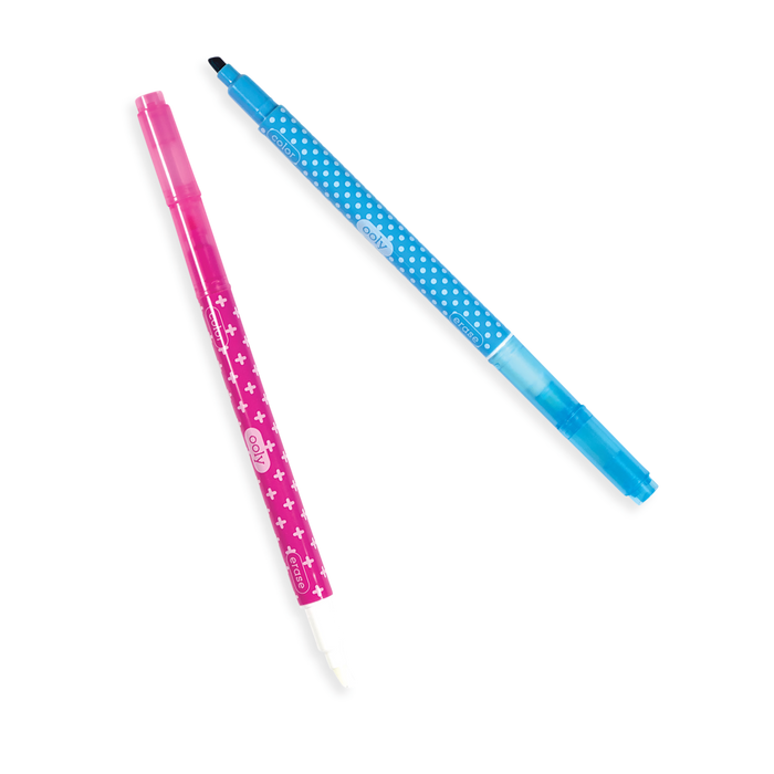 Two markers, blue and pink from an OOLY Make No Mistake Erasable Markers set