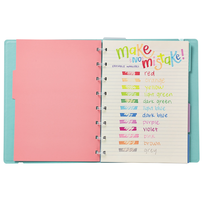 Open planner with page reading "Make No Mistake" and color swatches from the OOLY Make No Mistake Erasable Markers