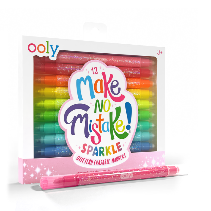Quarter angle of front packaging of OOLY Make No Mistake! Glittery Erasable Markers on a white background