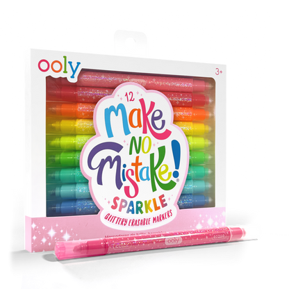 Quarter angle of front packaging of OOLY Make No Mistake! Glittery Erasable Markers on a white background