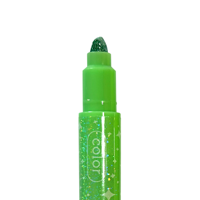 Close up of tip of green OOLY Make No Mistake! Glittery Erasable Markers on a white background