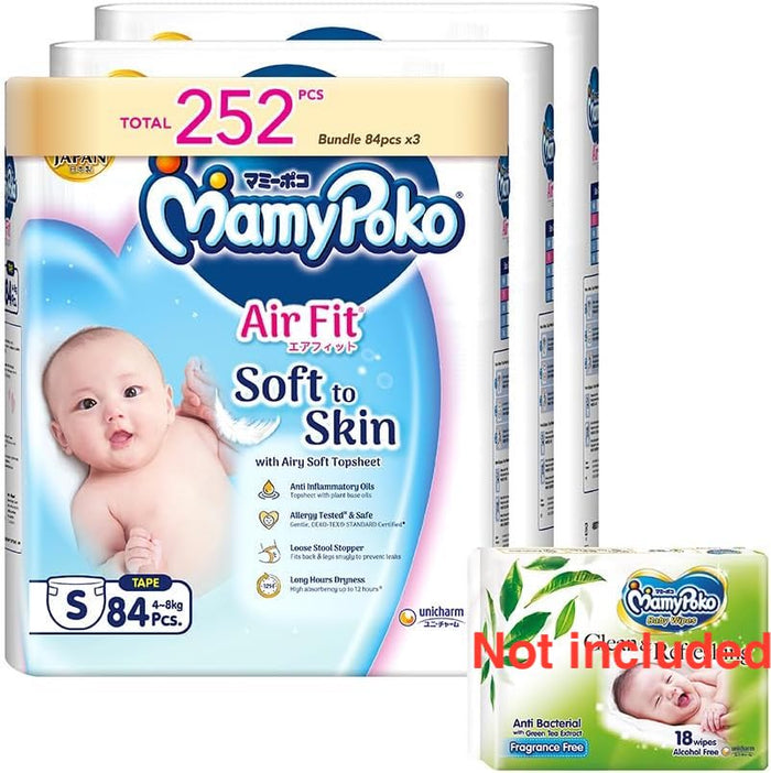 MamyPoko Air Fit Tape Baby Diapers S 4to8kg 84 Pcs X 3 Packs