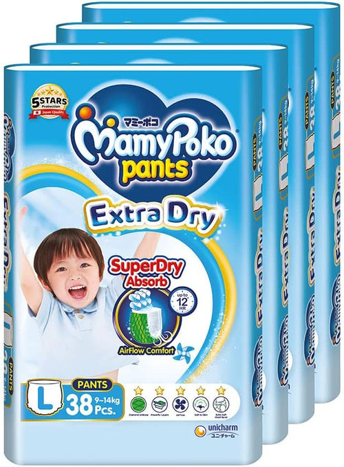 MamyPoko Extra Dry Pants Baby Diapers L 9to14kg 38 Pcs X 4 Packs Carton