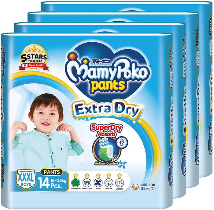 MamyPoko Extra Dry Skin Pants Baby Diapers XXXL 18to35kg 14 Pcs X 4 Packs