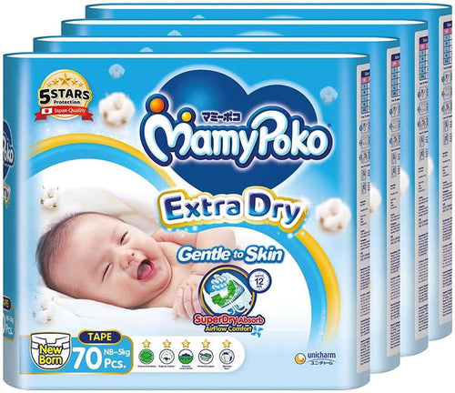 MamyPoko Extra Dry Tape Baby Diapers Newborn NB 5kg 70 Pcs X 4 Packs Carton