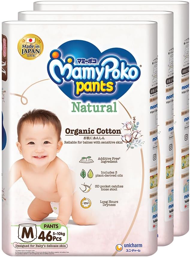 MamyPoko Natural Pants Baby Diapers M 5to10kg 46 Pcs X 3 Packs Carton