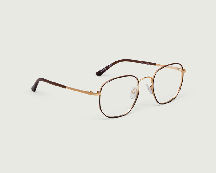 Coffee::Marcel Eyeglasses square brown metal front diagonal