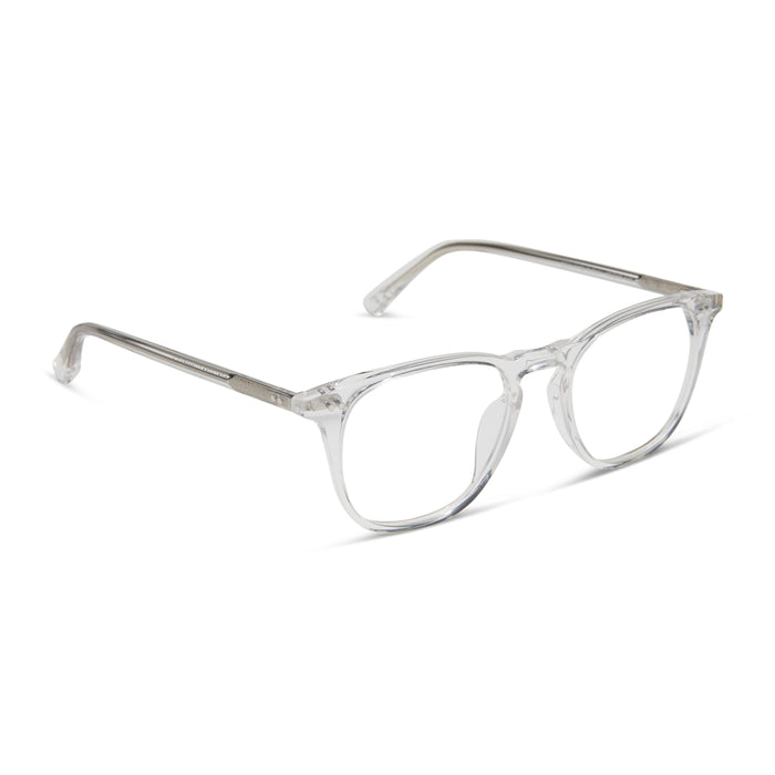 diff eyewear featuring the maxwell square prescription glasses with a clear crystal frame angled view