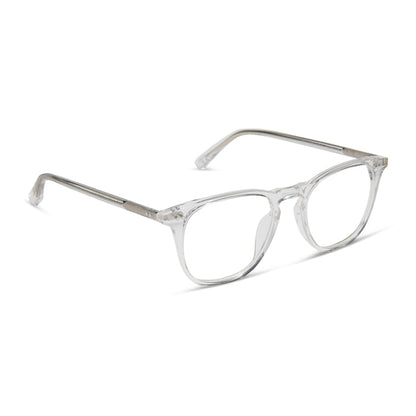 diff eyewear featuring the maxwell square prescription glasses with a clear crystal frame angled view