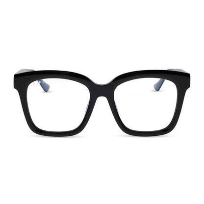 diff eyewear meredith square prescription glasses with a black acetate frame and grey lenses front view
