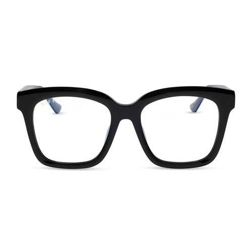 diff eyewear meredith square prescription glasses with a black acetate frame and grey lenses front view
