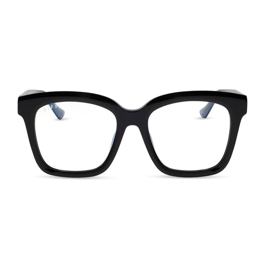 diff eyewear meredith square prescription glasses with a black acetate frame and grey lenses front view