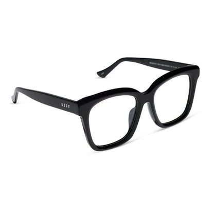 diff eyewear meredith square prescription glasses with a black acetate frame and grey lenses angled view