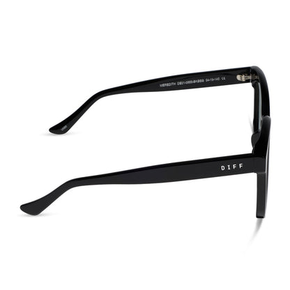 diff eyewear meredith square prescription glasses with a black acetate frame and grey lenses side view