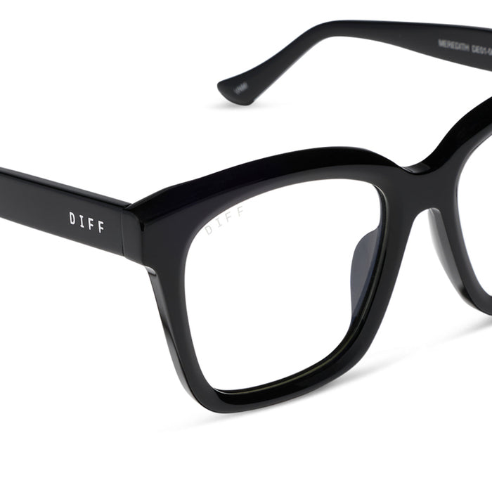 diff eyewear meredith square prescription glasses with a black acetate frame and grey lenses detailed view