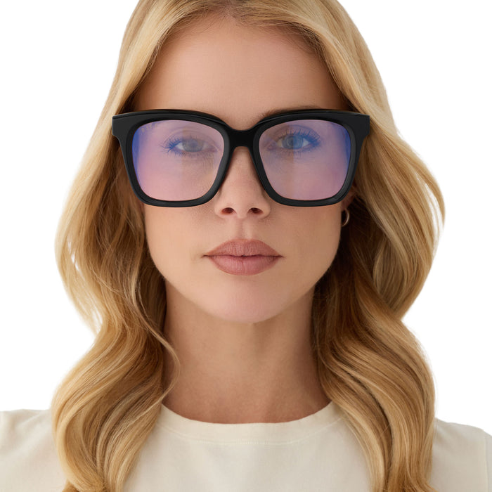 on model - blonde female wearing diff eyewear meredith square prescription glasses with a black acetate frame and grey lenses front view