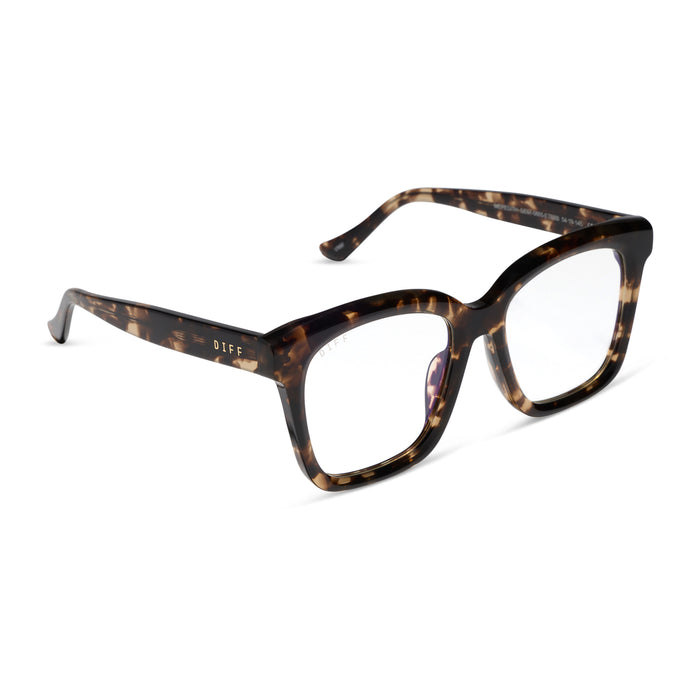 diff eyewear meredith square prescription glasses with a espresso tortoise acetate frame and prescription lenses angled view