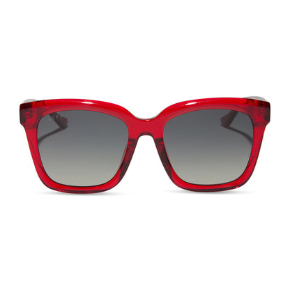 diff eyewear featuring the meredith square sunglasses with a red hot summer frame and grey gradient polarized lenses front view