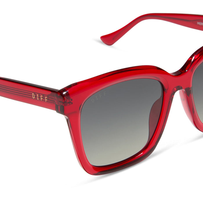 diff eyewear featuring the meredith square sunglasses with a red hot summer frame and grey gradient polarized lenses detailed view