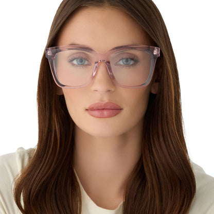 on model - female wearing diff eyewear featuring the meredith square  oversized prescription glasses with a rose crystal frame acetate front view