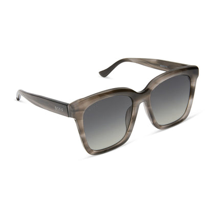 diff eyewear featuring the meredith square sunglasses with a smoke marble frame and grey gradient polarized lenses angled view