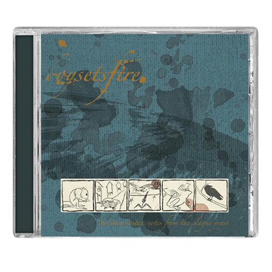 CD cover for Crayons of Fire by The North Index, inspired by post hardcore art from Boysetsfire, featuring abstract blue and black watercolor, orange handwritten text, and six small line drawings—including scenes and a bird.