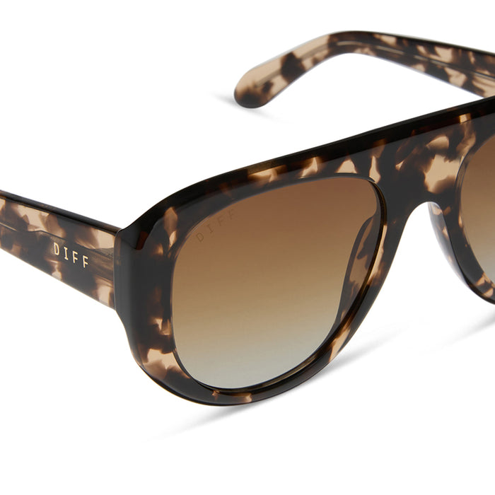 diff eyewear featuring the morgan shield sunglasses with a espresso tortoise frame and brown gradient polarized lenses detailed view