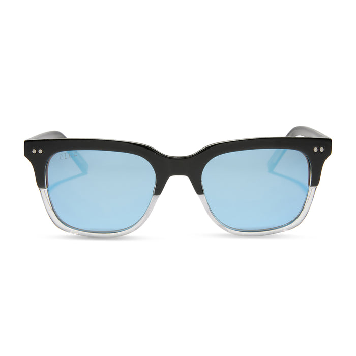 diff eyewear x fantastic four featuring the mr. fantastic square sunglasses with a black to clear frame and quantum blue mirror polarized lenses front view