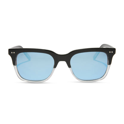 diff eyewear x fantastic four featuring the mr. fantastic square sunglasses with a black to clear frame and quantum blue mirror polarized lenses front view