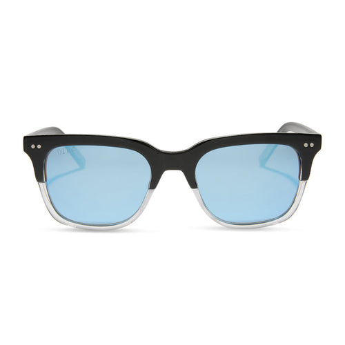 diff eyewear x fantastic four featuring the mr. fantastic square sunglasses with a black to clear frame and quantum blue mirror polarized lenses front view