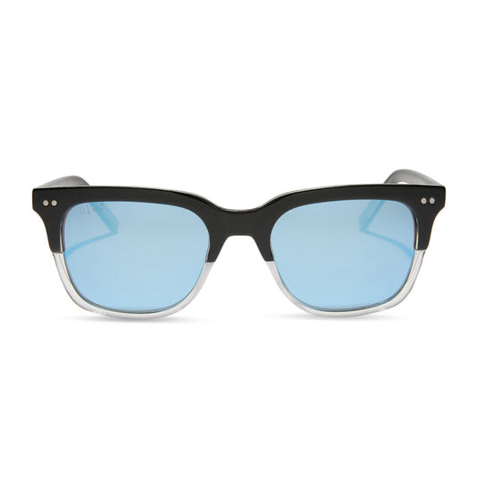 diff eyewear x fantastic four featuring the mr. fantastic square sunglasses with a black to clear frame and quantum blue mirror polarized lenses front view