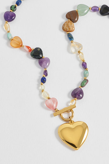 Multi-Gemstone Heart and Pebble T-Bar Necklace