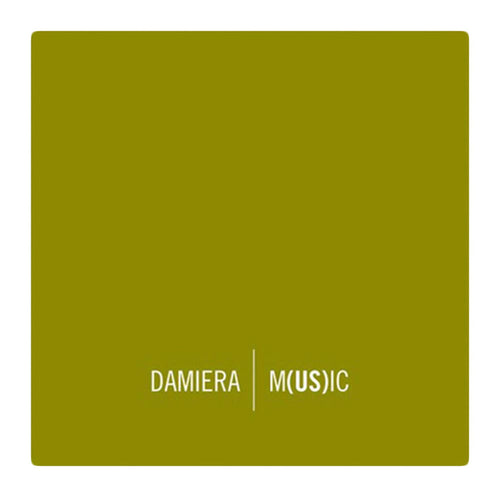 A square album cover with an olive green background. White text at the bottom reads DAMIERA | M(US)IC (with US in parentheses) in a modern font—ideal for fans of unique album design and transcendental music.