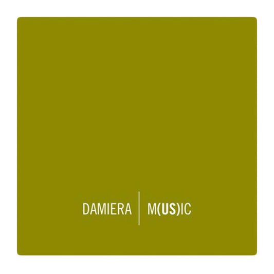 A square album cover with an olive green background. White text at the bottom reads DAMIERA | M(US)IC (with US in parentheses) in a modern font—ideal for fans of unique album design and transcendental music.