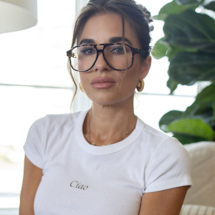 lifestyle - jessie james decker x diff eyewear featuring the nash navigator prescription glasses with a espresso frame front view