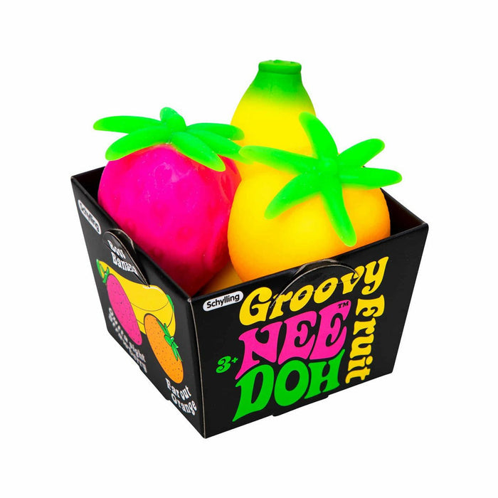 Nee Doh Groovy Fruit 2.5 Inch Squish Ball Fidget Toy - Set of 3 Fruits - Owl & Goose Gifts