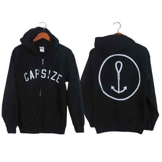 Capsize black zip-up hoodie featuring “CAPSIZE” in white on the front and a bold noose anchor-in-circle design on the back, shown on hangers with both sides displayed.