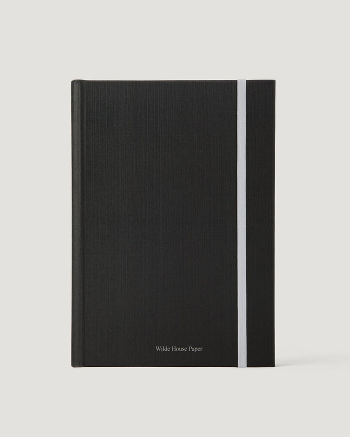 Black notebook with a white stripe on a light gray background