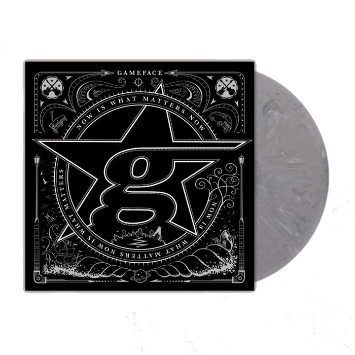 A limited edition Grey Marble vinyl by Gameface, featuring a black cover with a large stylized G inside a star, ornate designs, and the phrases GamefaceNow and Now is what matters now.