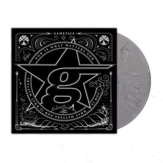 A limited edition Grey Marble vinyl by Gameface, featuring a black cover with a large stylized G inside a star, ornate designs, and the phrases GamefaceNow and Now is what matters now.