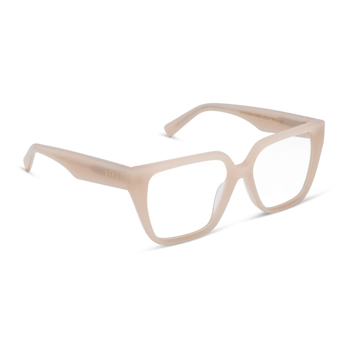 diff eyewear featuring the olive square prescription glasses with a milky blush acetate frame angled view