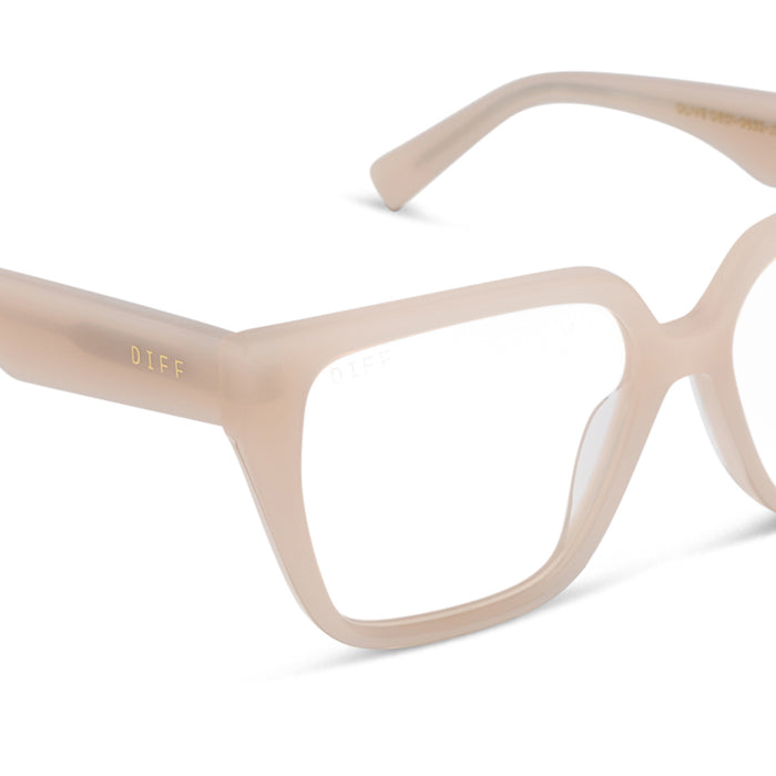 diff eyewear featuring the olive square prescription glasses with a milky blush acetate frame detailed view